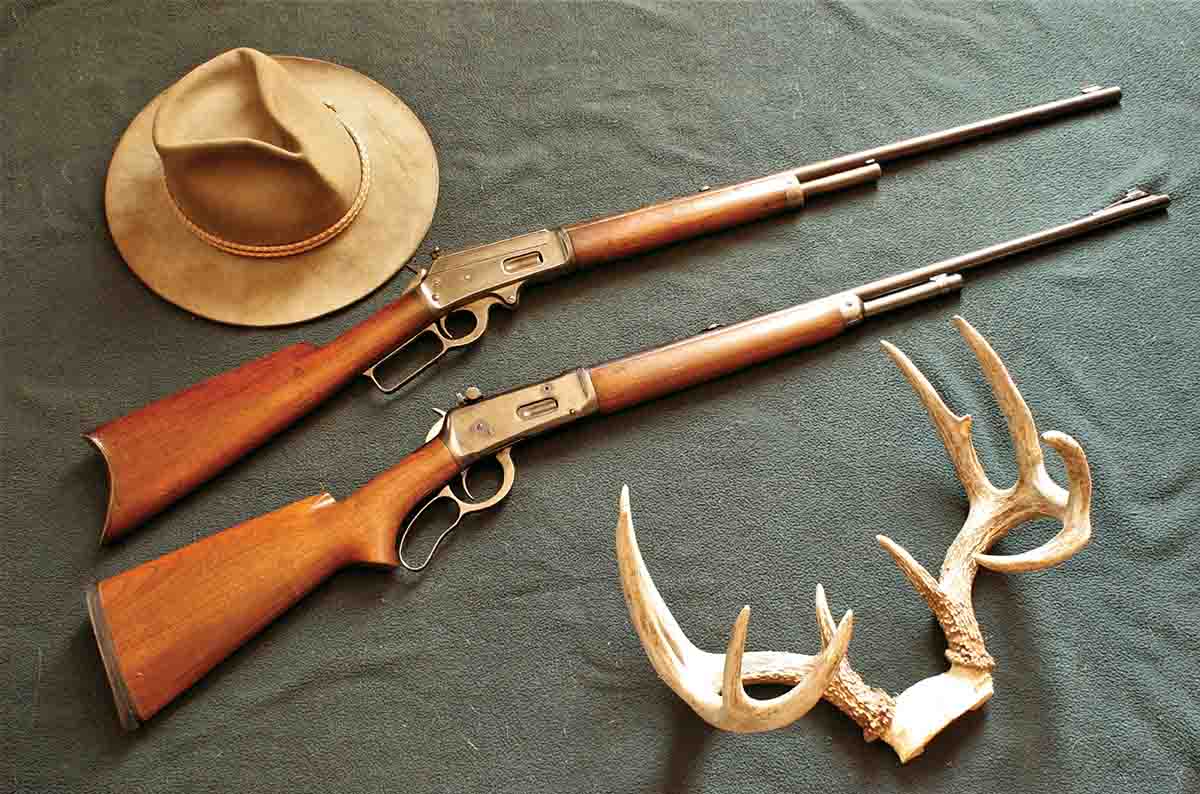 John’s current “traditional” American lever-action centerfires are a Marlin Model 1893 in .32-40 (top) and a Winchester Model 64 in .30-30 (bottom). Both have aperture sights, allowing them to be carried by their slender receivers. The Marlin’s sight is from Skinner Sights and the Winchester’s sight is a Lyman Model 56.